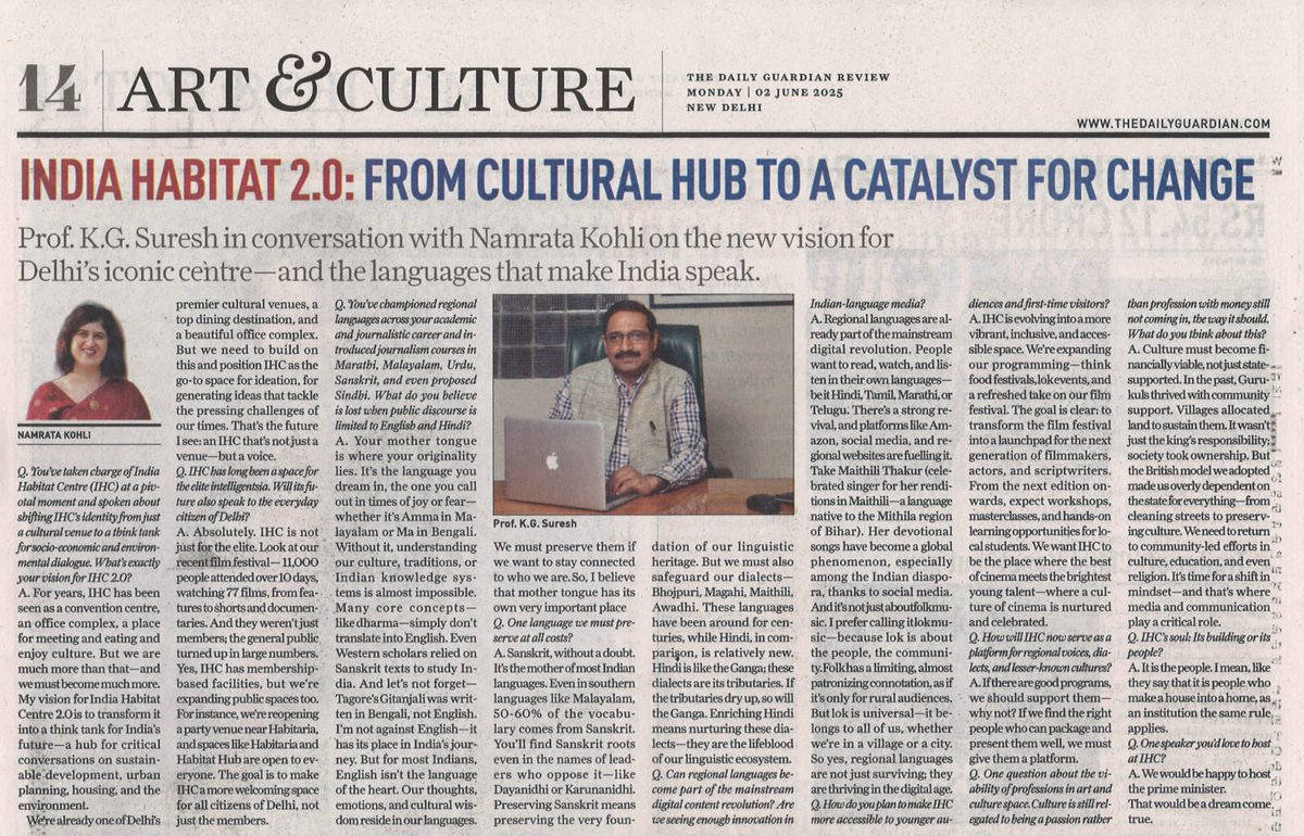 India Habitat Centre (@ihcdelhi) on Twitter photo IHC Director Prof. (Dr.) K G Suresh in conversation with Namrata Kohli of The Daily Guardian Review on the new vision for Delhi's iconic Centre and the languages that make India speak.
<a href="/kg_suresh/">Prof (Dr) K G Suresh</a> <a href="/DailyGuardian1/">The Daily Guardian</a> <a href="/kohli_namrata/">Namrata Kohli</a> <a href="/MoHUA_India/">Ministry of Housing and Urban Affairs</a> #indiahabitatcentre IHC Director Prof. (Dr.) K G Suresh in conversation with Namrata Kohli of The Daily Guardian Review on the new vision for Delhi's iconic Centre and the languages that make India speak.
<a href="/kg_suresh/">Prof (Dr) K G Suresh</a> <a href="/DailyGuardian1/">The Daily Guardian</a> <a href="/kohli_namrata/">Namrata Kohli</a> <a href="/MoHUA_India/">Ministry of Housing and Urban Affairs</a> #indiahabitatcentre