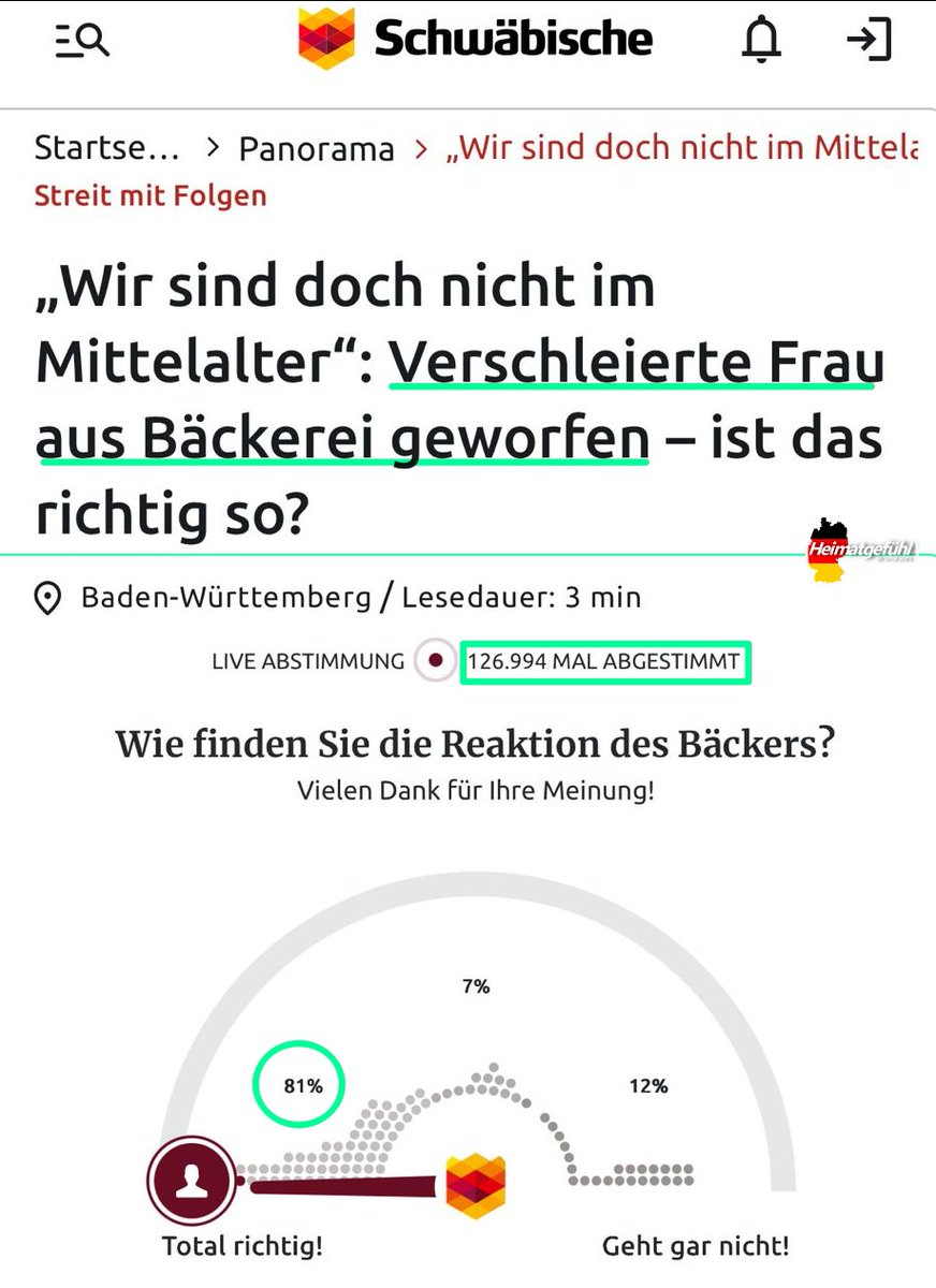 In Baden-Württemberg hat ein Bäcker eine vollverschleierte Frau (Nikab) aus seiner Bäckerei geworfen.

Der Bäcker hat recht. Erstens sind wir nicht im Mittelalter und zweitens sollte man sehen können, mit wem man es zutun hat.

Das Umfrageergebnis ist übrigens auch deutlich.