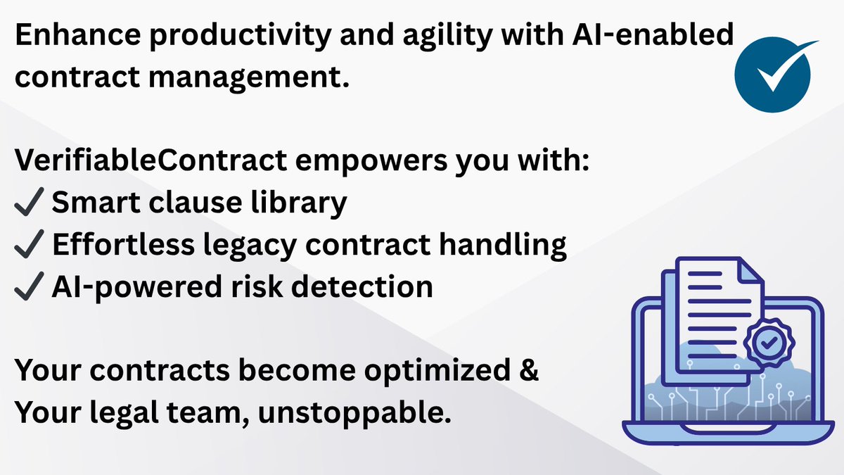 VfiableContract's tweet photo. #VerifiabeContract #AI #CLM #Agility #SmartContracts #LegalTech https://t.co/6PDtLRxH7n