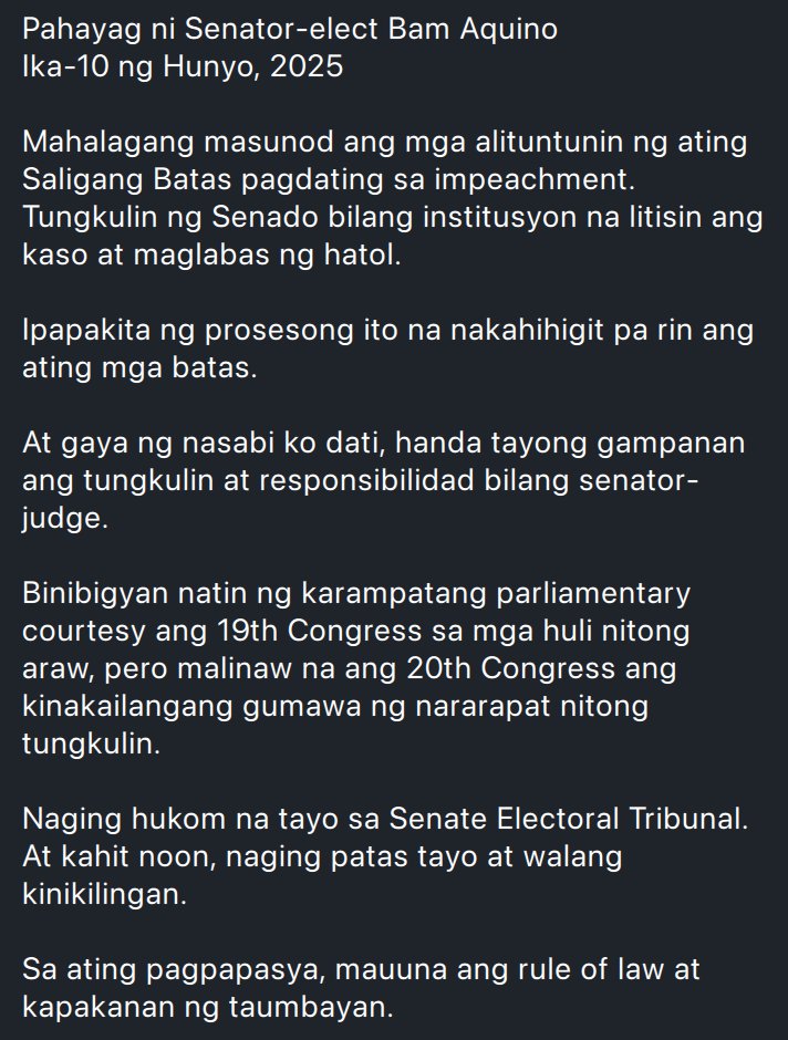 READ: Senator-elect Bam Aquino breaks silence on impeachment of VP Sara Duterte; says while the 19th Congress must be given parliamentary courtesy to act how it must as it winds down, "it's clear that the 20th Congress is the one that must do its duties" regarding impeachment. |