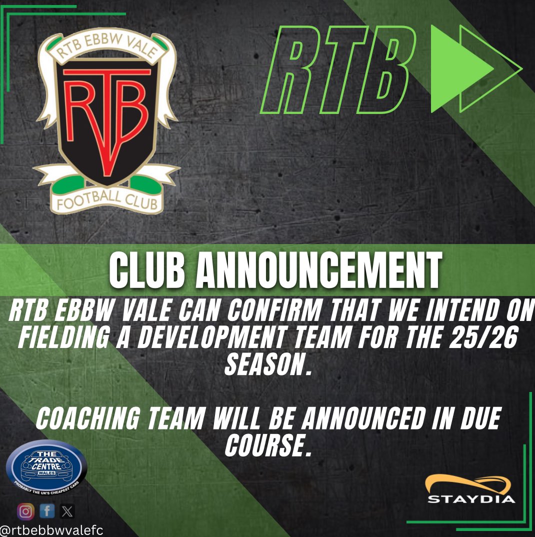 Club announcement 

RTB Ebbw Vale can confirm that we intend on fielding a development team for the 25/26 season.

Coaching team will be announced in due course.