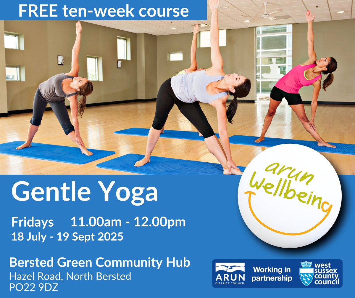FREE 10-week Gentle Yoga class, starting 18 July.

Gentle Yoga
Fridays 11.00-12.00
Bersted Green Hub 

Booking is essential as we need to complete a medical questionnaire with you before confirming your space:

arun.westsussexwellbeing.org.uk/contact-us

Or call 01903 737862