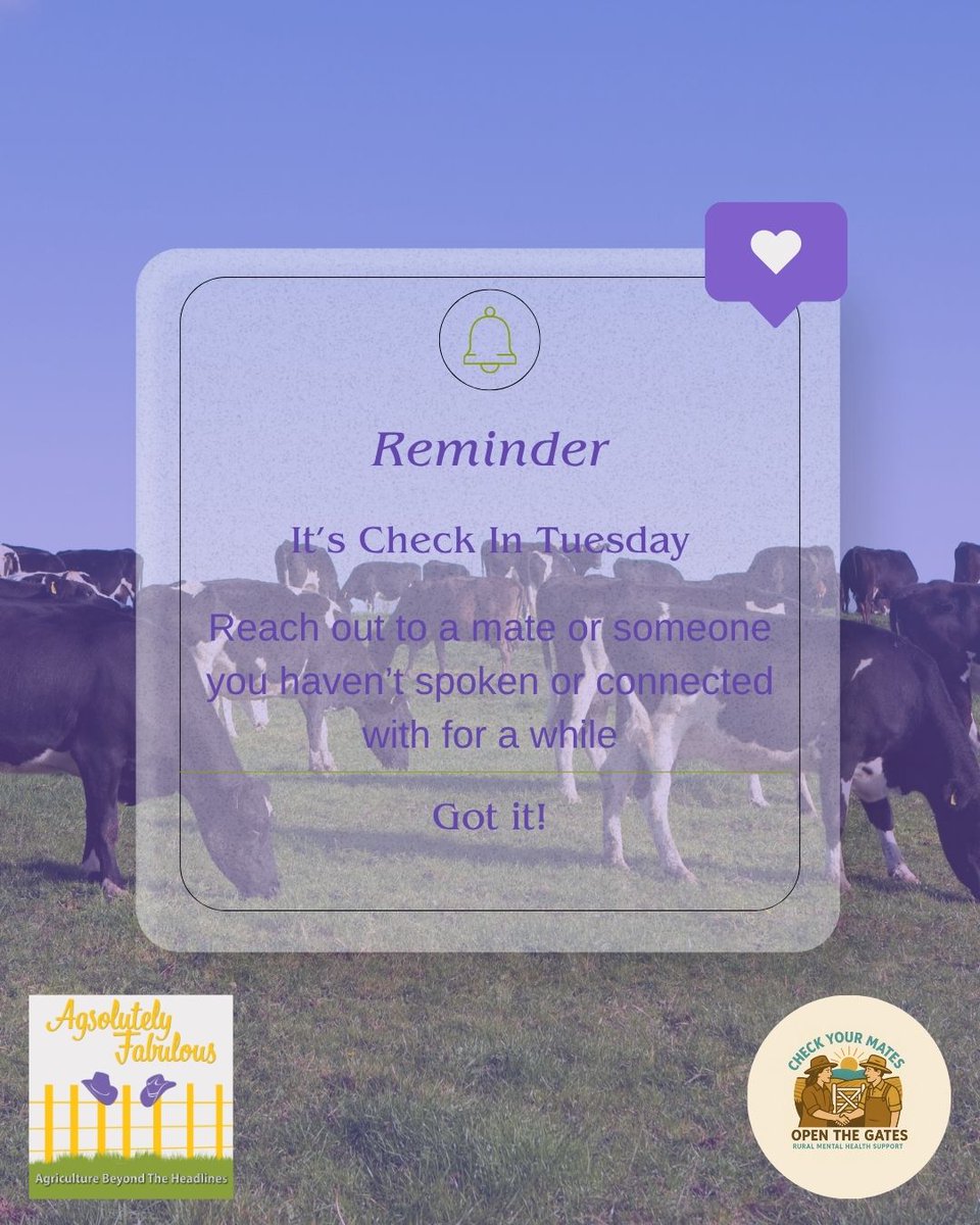 Started by our mate Katie she is encouraging you reach out to a mate or someone you haven’t spoken or connected with for a while, so today “Check Your Mates, Open The Gates- to conversation” and embrace “Check in Tuesday” your kind listening ear really does make a ...