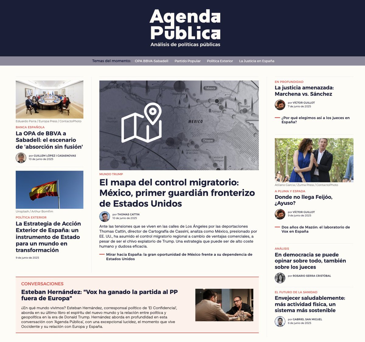 📰 Portada del día en Agenda Pública

🇺🇸🇲🇽 El mapa del control migratorio: México, primer guardián fronterizo de Estados Unidos
Thomas Cattin, director de Cartografía de Cassini, explica cómo México ha asumido el control migratorio regional a cambio de ventajas comerciales. Una