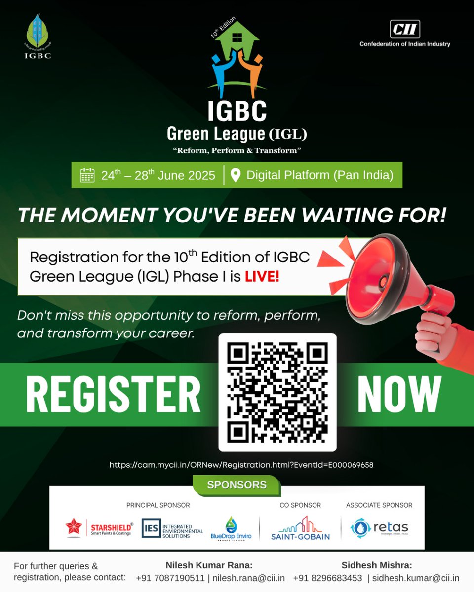 The wait is over! 🌱 

IGBC Green League (IGL) 2025 Phase I is live from 24–28 June | Virtual | PAN India.

Learn, compete &amp; get IGBC AP certified!

Register now: cam.mycii.in/ORNew/Registra…

#igbcgreenleague #igbcap #igbccap