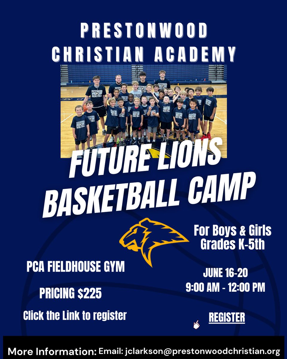 Sign up now for next week's PCA Future Lions Basketball Camp.  This camp is for boys and girls K - 5th grade who want to learn the fundamentals of the game through drills, games, and scrimmaging.  Sign up at sites.google.com/prestonwoodchr…
<a href="/PrestonwoodPCA/">Prestonwood Christian Academy Plano</a> <a href="/PCAAthletics/">PCAAthletics</a>