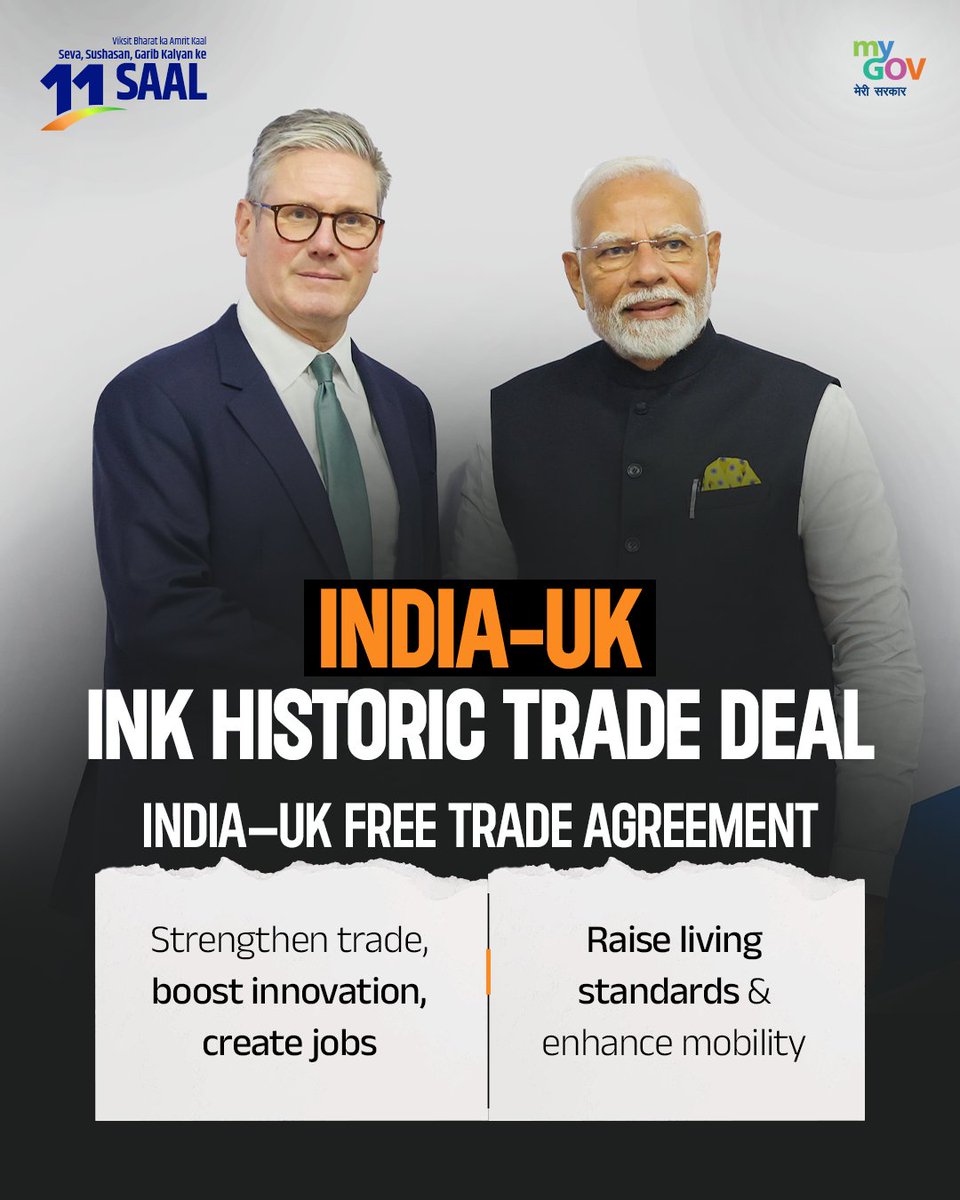 India-UK Trade Deal: A New Chapter of Opportunity  

The India–UK Free Trade Agreement opens doors for stronger trade, greater innovation, and more jobs. This partnership promises to improve living standards and expand opportunities for people on both sides✨💪