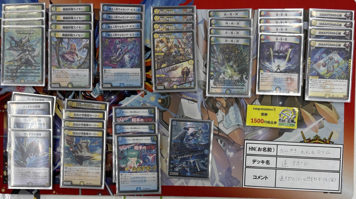 【🎉flat工房大会結果発表🎉】
本日の【非公認大会1部】は10名の方にご参加いただきました‼
見事優勝されたのは【逆アポロ】を使用した『たい焼きa.k.a.ロリ山』選手でした‼️🙌
一言コメント
「逆アポロミラーは想定外でした（笑）」
おめでとうございます‼️🥳