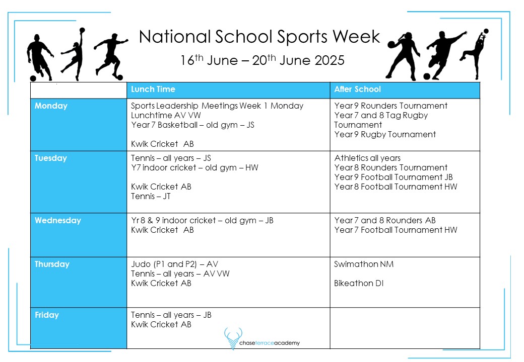 National School Sports Week 2025 starts next Monday!
See attached our timetable for the week with some additional opportunities for students. 
Signup sheets are available in the PE department. <a href="/The_CTA_Way/">Chase Terrace Academy</a> #TheCTAWay #CTA_PE #Community #Tenacity #Aspiration
