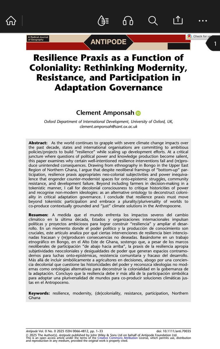 Clement Amponsah (@snr_clement_) on Twitter photo Publication Alert 🚨
“Resilience Praxis as a Function of Coloniality: Rethinking Modernity, Resistance, and Participation in Adaptation Governance” is out in <a href="/antipodeonline/">Antipode</a>!!
Special thanks to <a href="/DavidCh27992090/">David Chandler</a> and <a href="/professor_sud/">Nikita Sud</a> for their support!
onlinelibrary.wiley.com/doi/10.1111/an… Publication Alert 🚨
“Resilience Praxis as a Function of Coloniality: Rethinking Modernity, Resistance, and Participation in Adaptation Governance” is out in <a href="/antipodeonline/">Antipode</a>!!
Special thanks to <a href="/DavidCh27992090/">David Chandler</a> and <a href="/professor_sud/">Nikita Sud</a> for their support!
onlinelibrary.wiley.com/doi/10.1111/an…