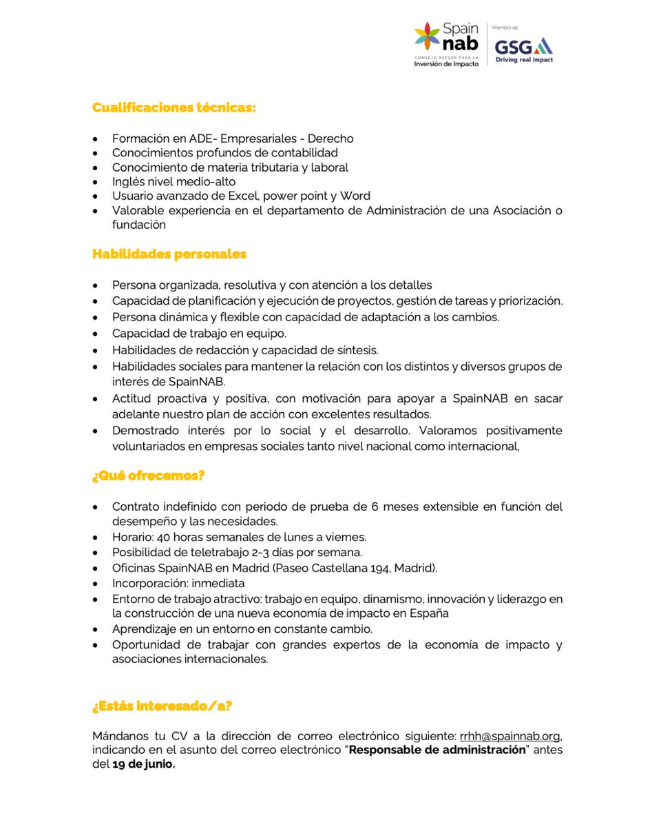 📣 En #SpainNAB buscamos un responsable Administración y Cumplimiento, con el objetivo contribuir, mediante la gestión financiera, administrativa y legal de la asociación dentro del ecosistema #EconomíadeImpacto 
💻 Mándanos tu CV: rrhh@spainnab.org📆 Hasta 19 junio
➕info 👇