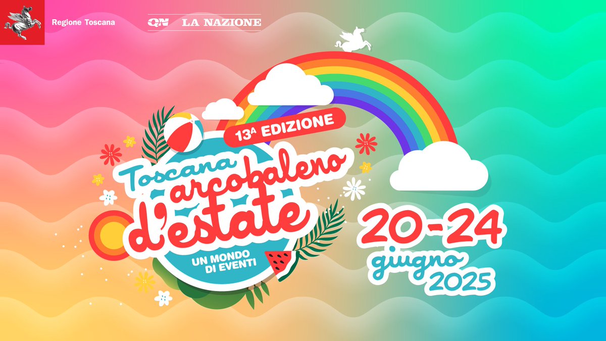 Lasciati travolgere dall'energia e il divertimento del calendario di eventi che inaugura la stagione estiva.
Toscana Arcobaleno d’Estate torna dal 20 al 24 giugno 
Proponi eventi e iniziative per vivere al meglio la #Toscana diffusa!
Maggiori info: bit.ly/Arcobaleno25