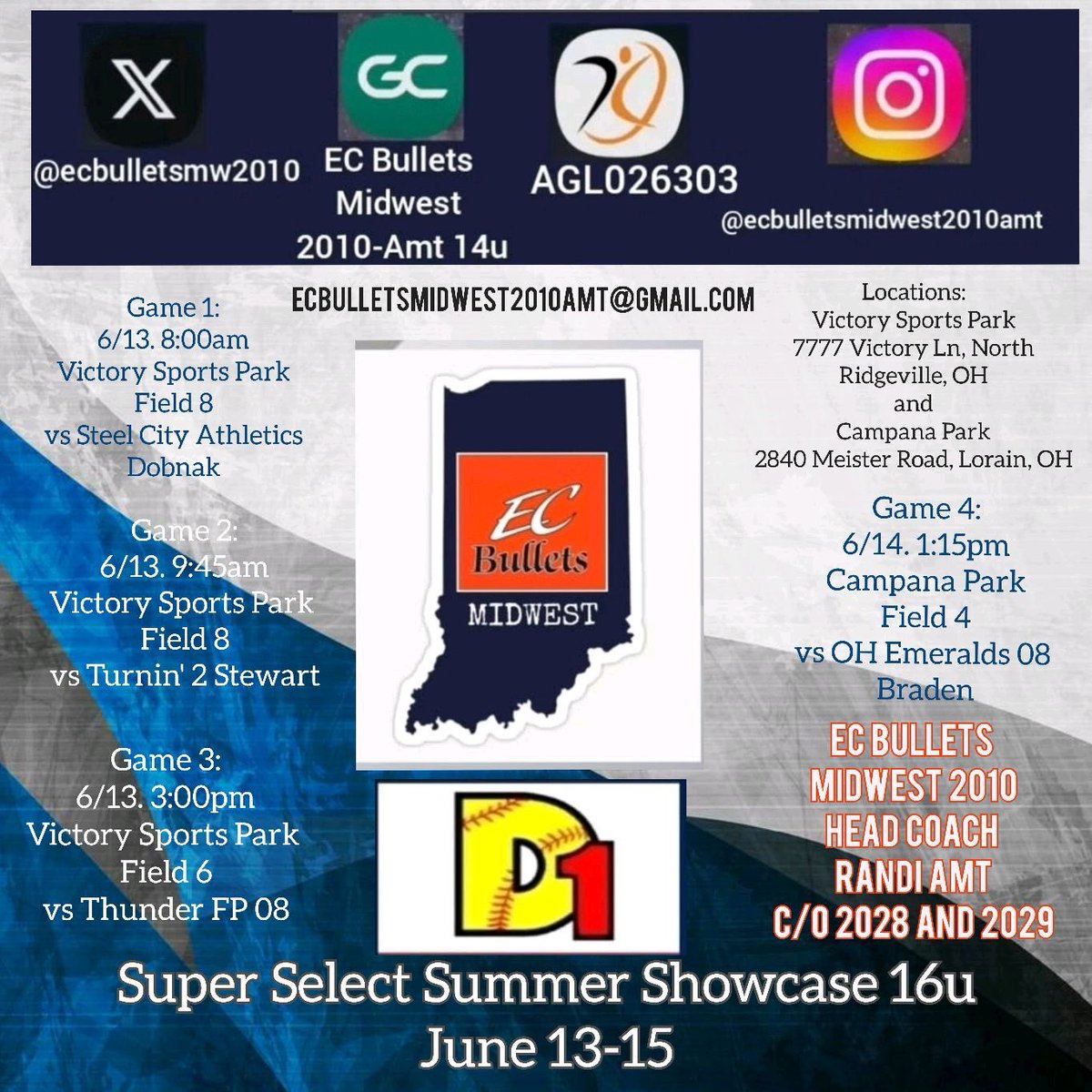 Our schedule for the D1 Super Select Summer Showcase is up! Looking forward to being back on the field with my team and playing some solid competition in 16U!

<a href="/CoachJLPrice/">Jackie Price</a> <a href="/Paige_McMenemy/">Paige McMenemy</a> <a href="/strike3_next/">Stacey Goyette</a> <a href="/CoachD_TUSB/">Don Danklefsen</a> <a href="/FCGrizSoftball/">Franklin College Softball</a> <a href="/HanoverSBall/">Hanover College Softball</a>