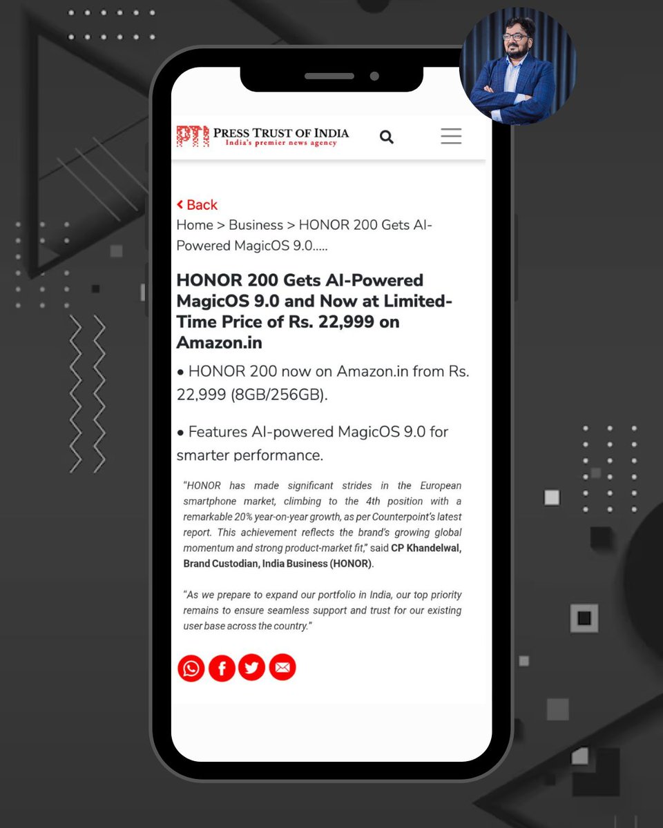 cp_khandelwal's tweet image. From performance to pricing, HONOR 200 is setting new benchmarks with MagicOS 9.0.
A proud moment as we push boundaries and deliver what users truly deserve.

#AIForEveryone #HONOR200 #SmartMoves