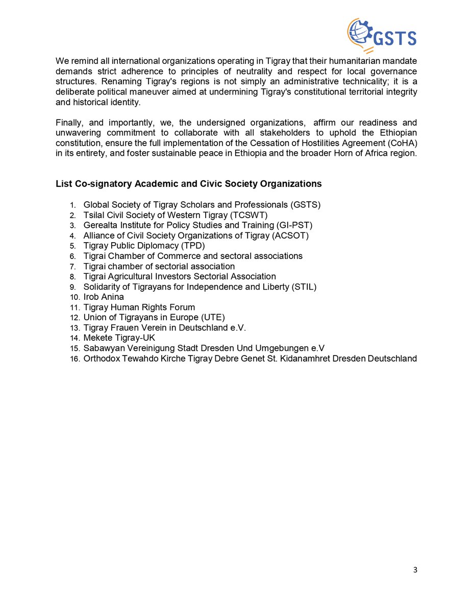 Global Society of Tigray Scholars & Professionals (@globalgsts) on Twitter photo RE: Vehement Objection to <a href="/UNOCHA/">UN Humanitarian</a> 's Continued Territorial Misrepresentation and Classifications in Western Tigray
--------------------------
Academic and civic society organizations have lodged strong protest against <a href="/UNOCHA/">UN Humanitarian</a> for its persistent misrepresentation and artificially RE: Vehement Objection to <a href="/UNOCHA/">UN Humanitarian</a> 's Continued Territorial Misrepresentation and Classifications in Western Tigray
--------------------------
Academic and civic society organizations have lodged strong protest against <a href="/UNOCHA/">UN Humanitarian</a> for its persistent misrepresentation and artificially