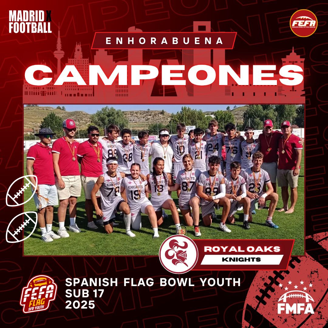 ¡Éxitos del flag madrileño en la Spanish
Flag Bowl Youth!

Enhorabuena a Royal Oaks Knights por sus campeonatos Sub11, Sub15 y Sub 17 así como a Camioneros de Coslada que han sido campeones en la categoría Sub13.

📸FEFA