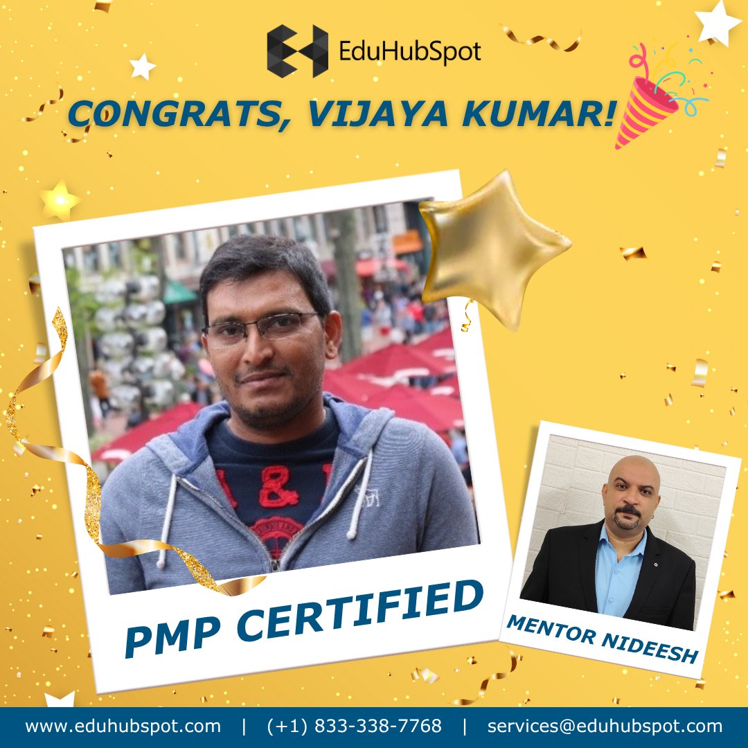 eduhubspot's tweet image. #SpotYourSuccess 🏆
 Congratulations on achieving your PMP Certification, Vijaya Kumar VR! You have worked hard and it has paid off. Thank you for trusting us with your journey!
 
 Mentored by : Nideesh Balakrishnan

 eduhubspot.com
 
 #eduhubspot #pmpcertification