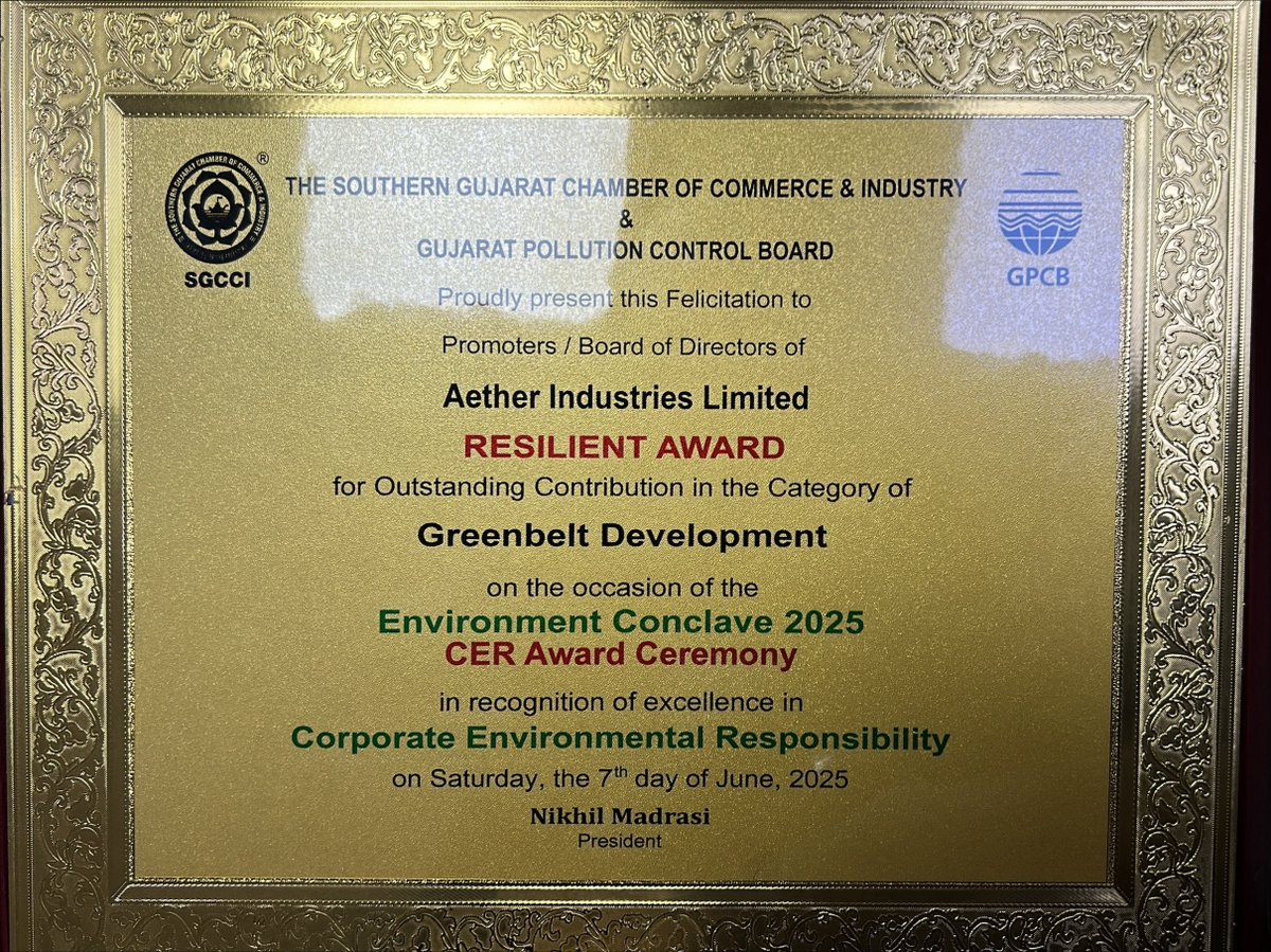 AetherInd's tweet image. &quot;Resilient Award&quot; for Greenbelt Development at Environment Conclave 2025 by SGCCI &amp;amp; GPCB. Thanks to Shri @CRPaatil, Shri @mukeshpatelmla, Dr. Sunil Ambast, &amp;amp; Shri R.B. Barad (IAS). #EnvironmentConclave2025 #GreenbeltDevelopment #SustainabilityLeadership #GPCB #SGCCI #AetherInd