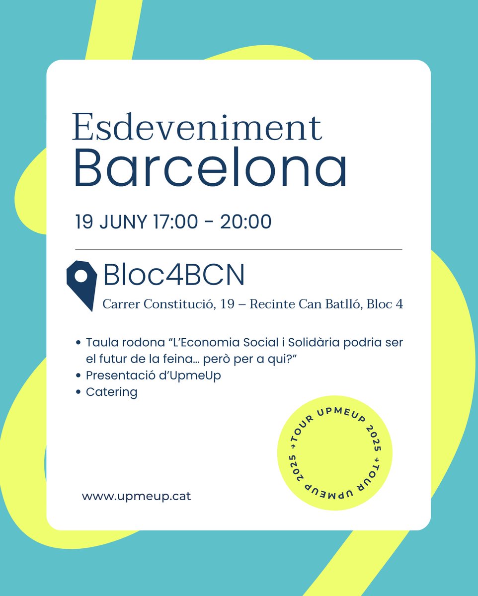 🚀 "L’ESS podria ser el futur de la feina… però per a qui?"

🗓 19 juny | 🕔 17h | 📍 Bloc4BCN

Debat sobre ocupació, economia social i presentació de UpmeUp 2.0! 📲

Inscriu-te👉 upmeup.es/ca/tour-upmeup…

#EconomiaSolidària #FeinaJusta #UpmeUp #Barcelona