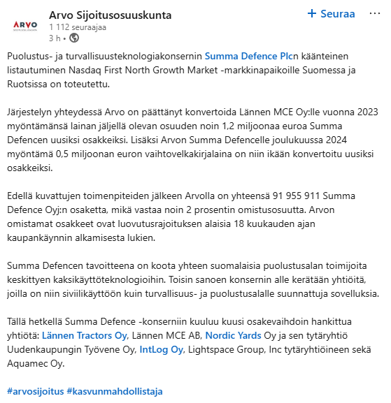 Arvo sijoitusosuuskuntaa houkutti tilanne muuttaa 1,7 miljoonan euron saatavat 11 miljoonan euron osakeomistukseen tämän päivän kurssilla laskettuna. Jännä nähdä minkä verran omistuksen arvo on lopulta 18 kuukauden päästä lock-upin loputtua.
