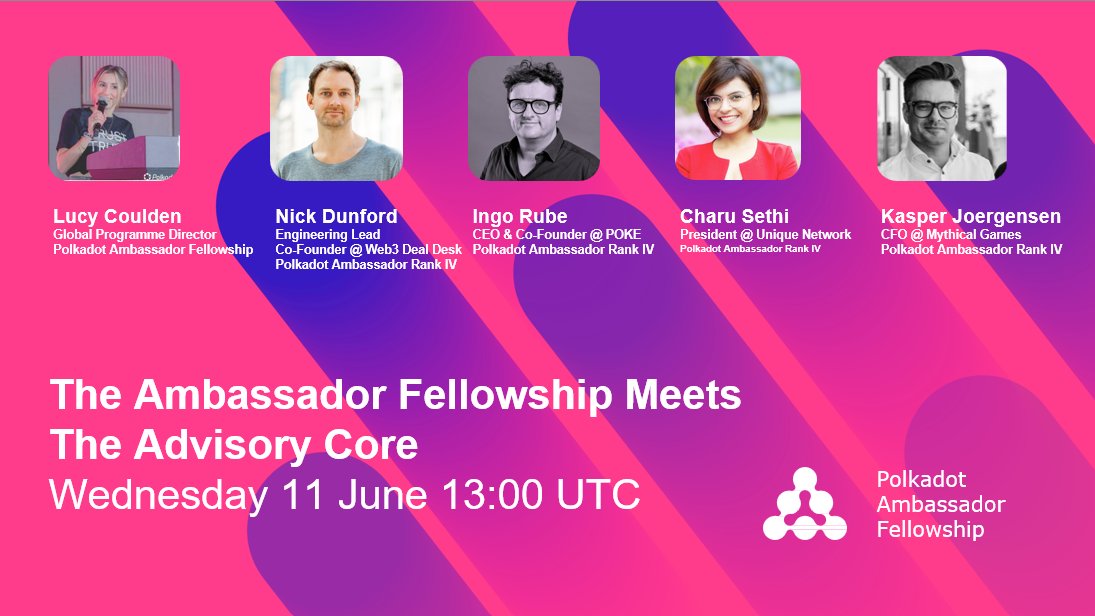 Polkadot Ambassador Fellowship (@dotfellowship) on Twitter photo 📢 Postponed to tomorrow to avoid Clash with Polkadot's live today.
Join us for our weekly live series on Wednesday 11 June @ 13:00 UTC
The Ambassador Fellowship Meets The Advisory Core
Hear from <a href="/ingoruebe/">Ingø Rübe</a> <a href="/web3kasper/">web3kasper</a> <a href="/NickDunford84/">Nick Dunford</a> & <a href="/Charu_Sethi/">Charu</a> 📢 Postponed to tomorrow to avoid Clash with Polkadot's live today.
Join us for our weekly live series on Wednesday 11 June @ 13:00 UTC
The Ambassador Fellowship Meets The Advisory Core
Hear from <a href="/ingoruebe/">Ingø Rübe</a> <a href="/web3kasper/">web3kasper</a> <a href="/NickDunford84/">Nick Dunford</a> & <a href="/Charu_Sethi/">Charu</a>