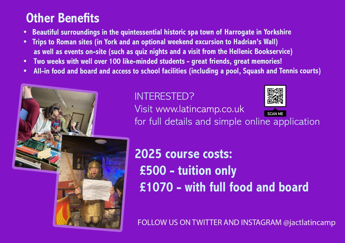 StA_Classics's tweet image. JACT Latin Summer School
20 July - 2 August 2025.

Courses for beginners, post-beginners, and aspiring teachers.
Apply now: latincamp.co.uk

#LanguageLearning #LearningLatin