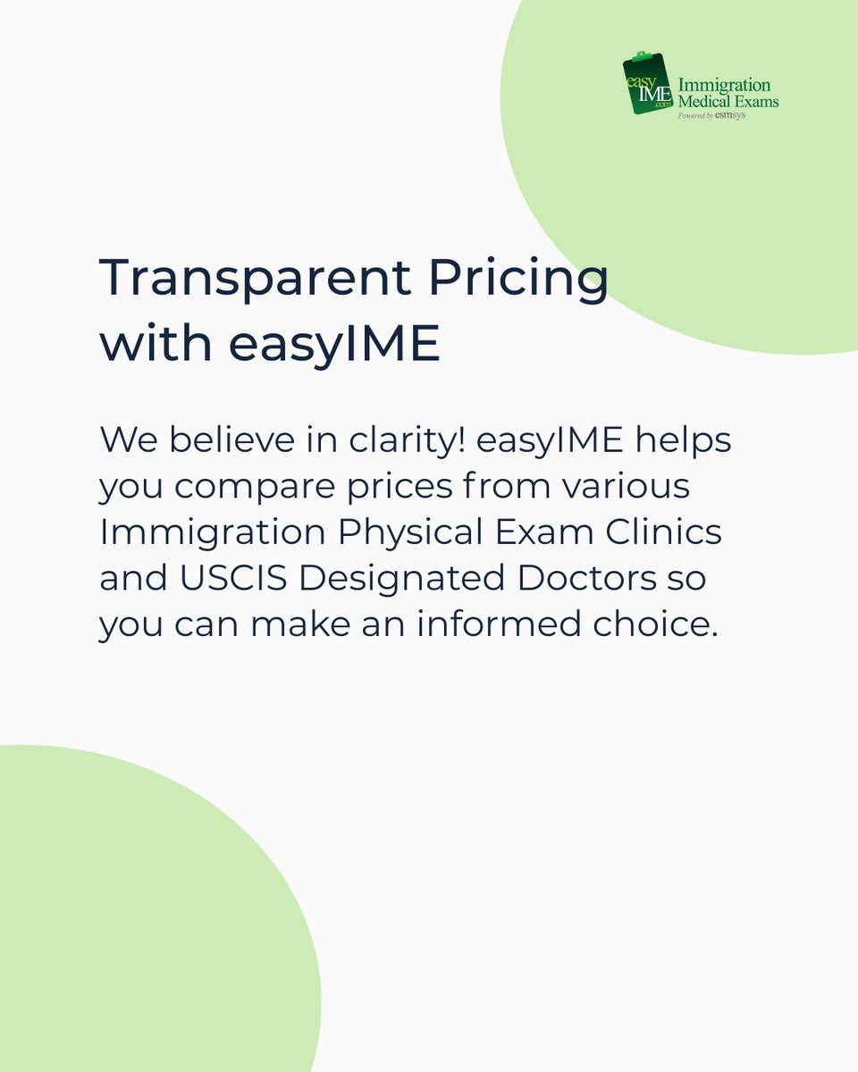 easyIME's tweet image. easyIME helps you compare transparent fees from various Immigration Physical Exam Clinics to make an informed choice.
#USCISMedicalExamCost #ImmigrationCost #GreenCardMedical #BudgetingTips #easyIME #ImmigrationExam #TransparentPricing