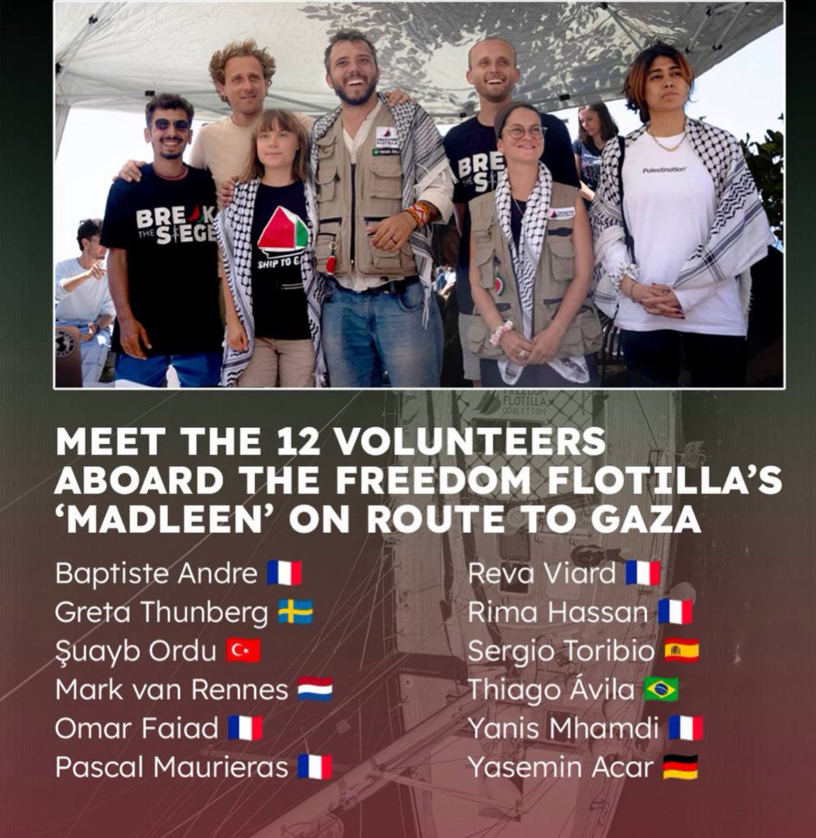 🚨 Acil Destek Çağrısı 🚨 

Madleen Ekibine baskı devam ediyor. İşgalci israilin Madleen Gemisine yaptığı terör saldırısının üzerinden 48 saat geçmeden hem baskıları azaltmak hemde kamuoyunu oyalamak için gemide bulunan 4 kişiyi ülkelerine gönderdi. Madleen Gemisi ile adı ön