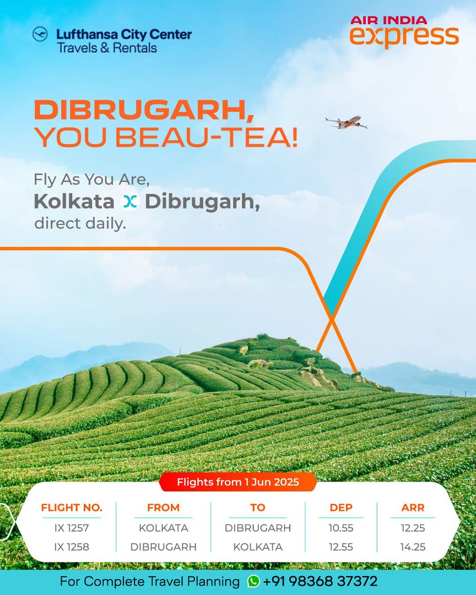 LCC_TnR's tweet image. Dibrugarh is now closer than ever, fly directly from Kolkata.
Call us for curated travel solutions, simplify your business travel!
#FlightUpdates #KolkataToDibrugarh #Dailyflights #Assam #Dibrugarh #LufthansaCityCenterTravelsAndRentals #TravelSimplified