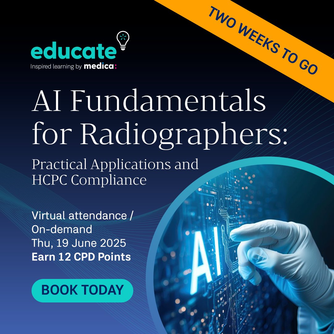 Designed specifically for radiographers, this essential half-day course explores the role of AI in modern healthcare with direct links to HCPC standards of proficiency.

🔗 Book your place now: educatebymedica.com/events/ai-fund…

#Radiography #AIinHealthcare #CPD #EducateByMedica