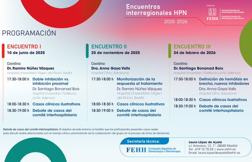@sehh_es (@sehh_es) on Twitter photo 📢 Recuerda que HOY se celebra el primero de los 3️⃣Encuentros Interregionales #HPN 2025-2026👇
🗓️10/06 🕛17:30h - 19:00h | Modalidad: webinar
👨⚕️Ramiro Núñez Vázquez, <a href="/HematoHUVR/">Hematología HUVRocío</a>. Coordinador
👨⚕️Santiago Bonanad, <a href="/HospitalLaFe/">HospitalLaFe</a>. Doble inhibición vs. inhibición próxima
➕Casos 📢 Recuerda que HOY se celebra el primero de los 3️⃣Encuentros Interregionales #HPN 2025-2026👇
🗓️10/06 🕛17:30h - 19:00h | Modalidad: webinar
👨⚕️Ramiro Núñez Vázquez, <a href="/HematoHUVR/">Hematología HUVRocío</a>. Coordinador
👨⚕️Santiago Bonanad, <a href="/HospitalLaFe/">HospitalLaFe</a>. Doble inhibición vs. inhibición próxima
➕Casos