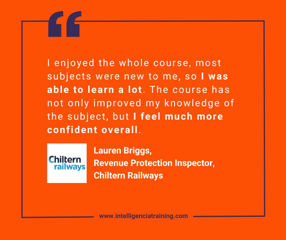 Thank you to Lauren Briggs from chilternrailway for sharing great feedback after successfully completing our Level 4 #IntelligenceAnalyst apprenticeship.

Well done, Lauren! 👏

For insight into this #apprenticeship, please visit intelligenciatraining.com/intelligence-a…