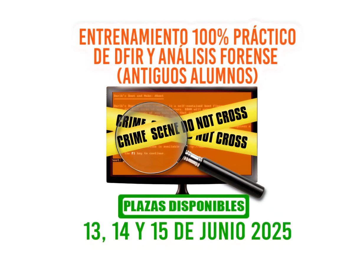 Entrenamiento 100% práctico de DFIR y Análisis Forense para antiguos alumnos ¡Todavía nos quedan algunas plazas disponibles! Casos reales, técnicas avanzadas y manos a la obra
¿Preparado para subir el nivel? cursos.securizame.com/courses/entren… 
#DFIR #AnálisisForense #Ciberseguridad #Noticia
