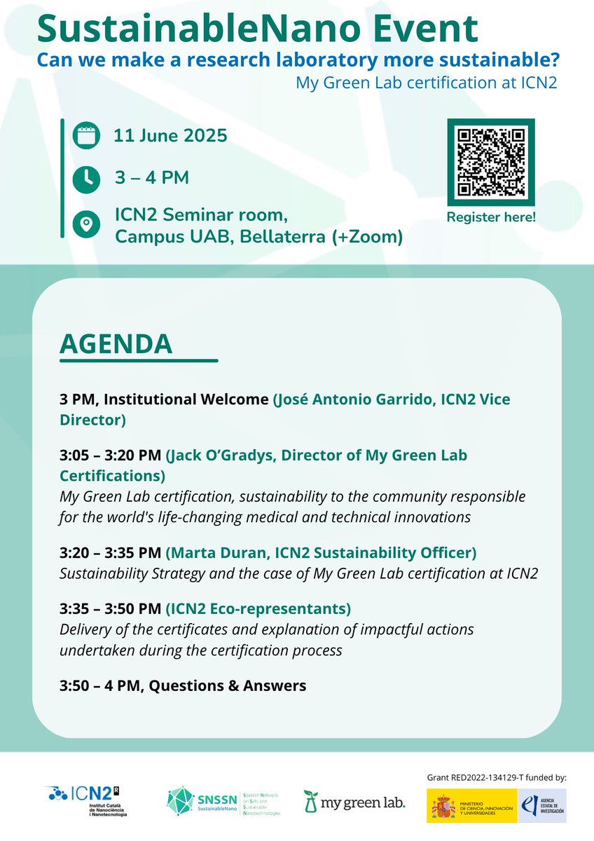 SNSSNano's tweet image. 🧪Tomorrow, June 11th! Can we make research laboratories more sustainable?
♻️ Join the #MyGreenLab certification event at @icn2nano to find out.
📆3–4 PM (hybrid event). Register here: snssn-sustainablenano.net/events/sustain…