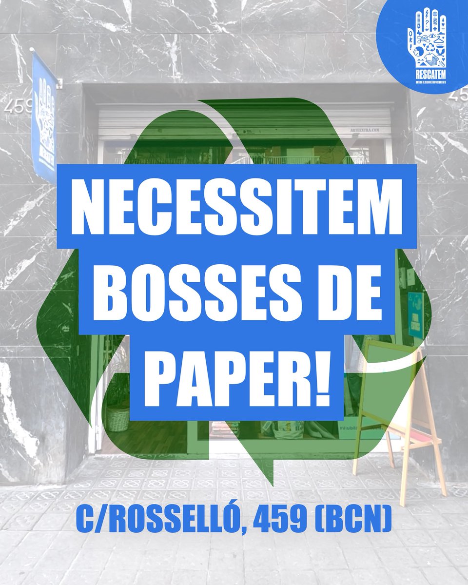 afatrac's tweet image. ♻️ NECESSITEM BOSSES DE PAPER!
🏠 Tens bosses a casa i no saps què fer-ne? A #Rescatem les reutilitzem!
📍C/ Rosselló, 459 – Barcelona
⏰ Dl-Dv 10-14h / 15:30-19h · Ds 10-14h
🙌 Dona una segona vida i col·labora amb un projecte social!
#Sostenibilitat #EconomiaCircular