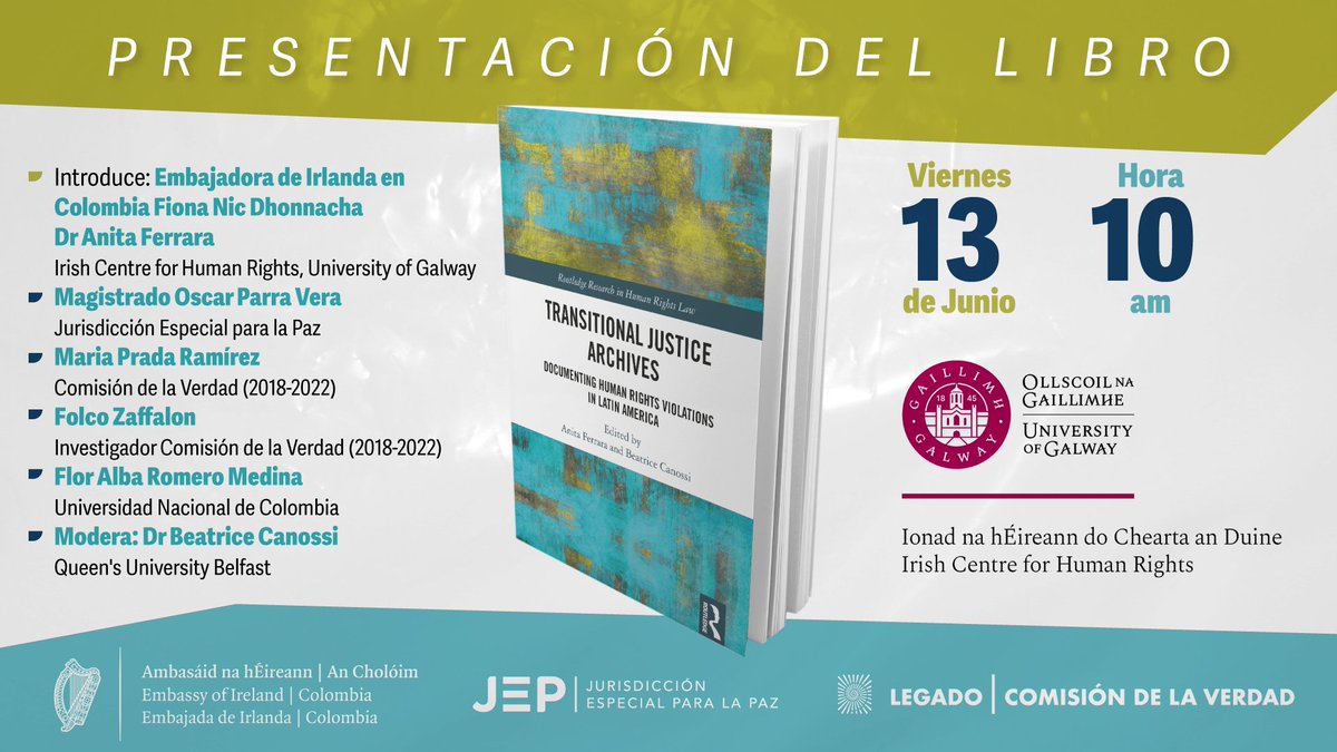 Irish Centre for Human Rights (@irishcentrehr) on Twitter photo On Friday 13th June, <a href="/DrAnitaFerrara/">Anita Ferrara</a> will launch the book she co-edited with ICHR alumna Dr <a href="/BCanossi/">Beatrice Canossi</a>, entitled "Transitional Justice Archives: Documenting Human Rights Violations in Latin America," in Bogotá, Colombia.
<a href="/ArchivoGeneral/">Archivo General</a> On Friday 13th June, <a href="/DrAnitaFerrara/">Anita Ferrara</a> will launch the book she co-edited with ICHR alumna Dr <a href="/BCanossi/">Beatrice Canossi</a>, entitled "Transitional Justice Archives: Documenting Human Rights Violations in Latin America," in Bogotá, Colombia.
<a href="/ArchivoGeneral/">Archivo General</a>