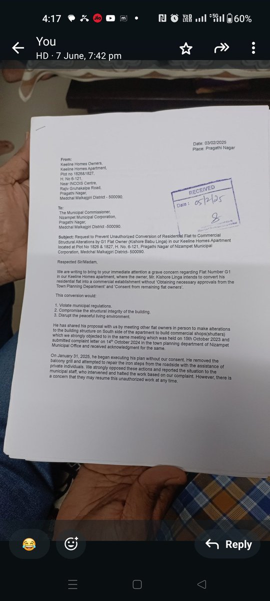 ShaikAzahar6's tweet photo. I'm Azahar from Pragathi Nagar, Bachupally, Hyderabad. One flat owner is illegally converting our residential apartment to commercial without permission from 11 other owners Despite 6 months@Nizampet_Muni, MLA, Hydra &amp; Police, work continues.@KTRBRS @CommissionrGHMC @TV9Telugu https://t.co/oSUsczSIek