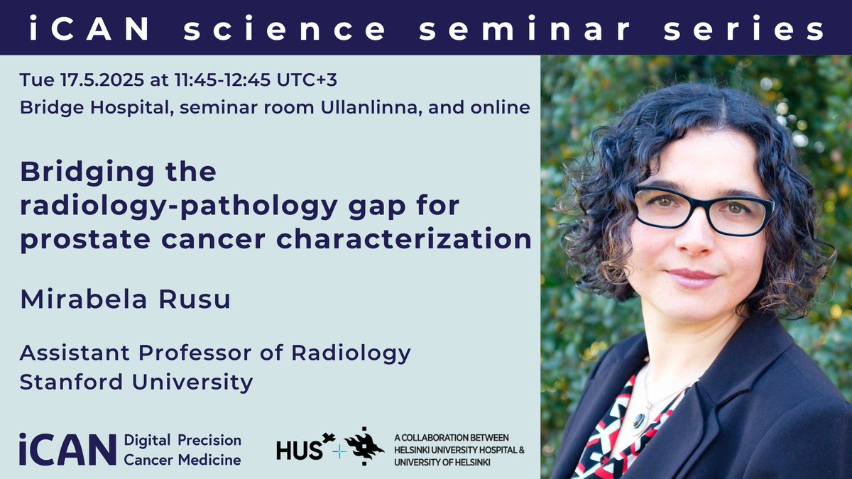 iCAN - Digital Precision Cancer Medicine (@ican_finland) on Twitter photo Join us for the #iCANScienceSeminar with Mirabela Rusu on
🗓️ Tue 17.6.2025 at 11:45-12:45
📌 Bridge Hospital, seminar room Ullanlinna, and online
For the link and more information our website ican.fi/news-events/ic…
Welcome!
<a href="/HUS_fi/">HUS Helsingin yliopistollinen sairaala</a> <a href="/helsinkiuni/">University of Helsinki</a> <a href="/HelsinkiUniMed/">Medicine and Health, University of Helsinki</a> Join us for the #iCANScienceSeminar with Mirabela Rusu on
🗓️ Tue 17.6.2025 at 11:45-12:45
📌 Bridge Hospital, seminar room Ullanlinna, and online
For the link and more information our website ican.fi/news-events/ic…
Welcome!
<a href="/HUS_fi/">HUS Helsingin yliopistollinen sairaala</a> <a href="/helsinkiuni/">University of Helsinki</a> <a href="/HelsinkiUniMed/">Medicine and Health, University of Helsinki</a>