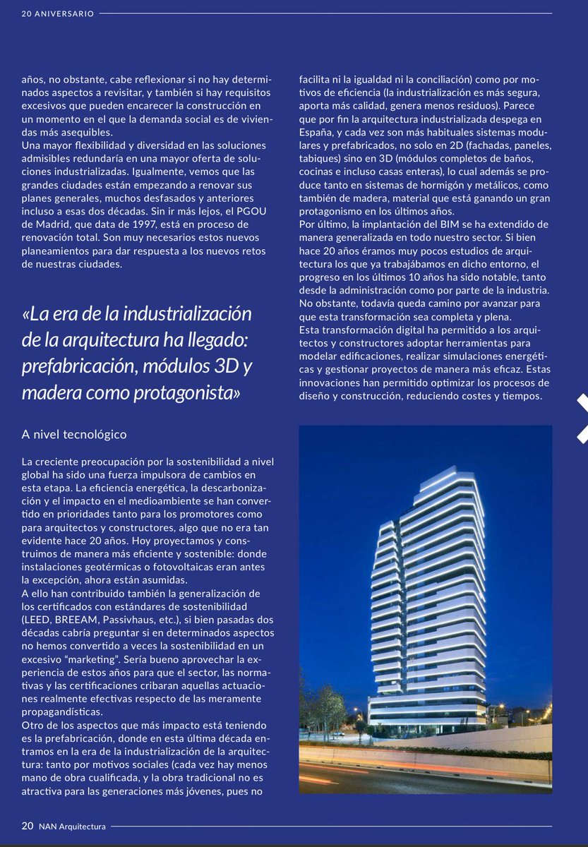 Enhorabuena a <a href="/nanarquitectura/">NAN Arquitectura</a> por su 20 aniversario, en cuyo ejemplar conmemorativo hemos tenido el honor de escribir un artículo sobre el vertiginoso devenir de nuestro sector en estas dos décadas.

issuu.com/peldano/docs/n…