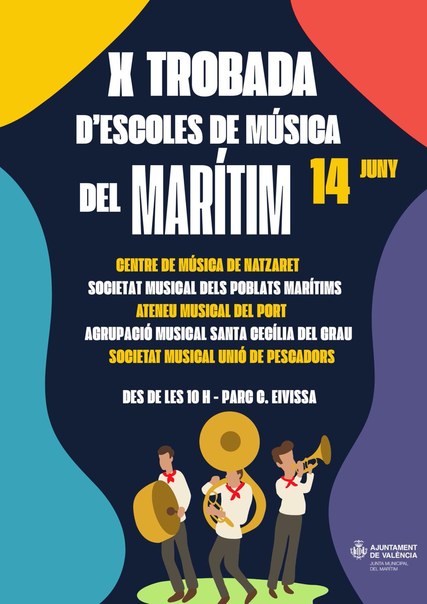 Dissabte 14 de juny, es celebra la 10ª Trobada d'Escoles de #Música del Marítim. A partir de les 11:30h al parc del c/. Eivissa, al barri del Grau de #València

La nostra escola participarà en activitats i podreu disfrutar de la actuació del conjunt instrumental. T'esperem!