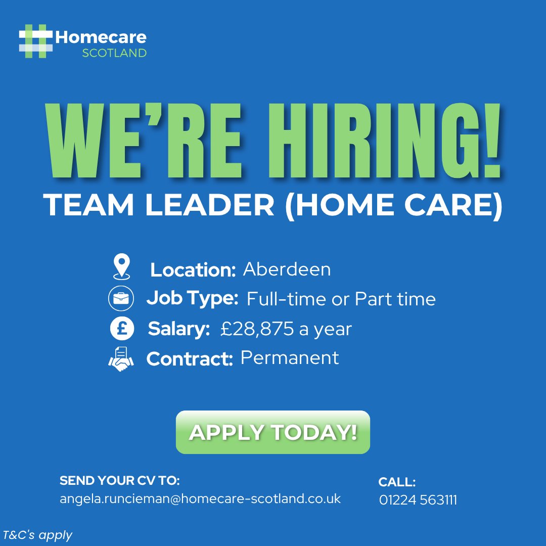 Homecare_Scotland (@homecarescotla1) on Twitter photo WE'RE HIRING!
Role: Team Leader
Location: Aberdeen
Job Type: Full-time post Part time
Salary: £28,875 per annum
Apply for job please email CV to angela.runcieman@homecare-scotland.co.uk
uk.indeed.com/job/team-leade… WE'RE HIRING!
Role: Team Leader
Location: Aberdeen
Job Type: Full-time post Part time
Salary: £28,875 per annum
Apply for job please email CV to angela.runcieman@homecare-scotland.co.uk
uk.indeed.com/job/team-leade…