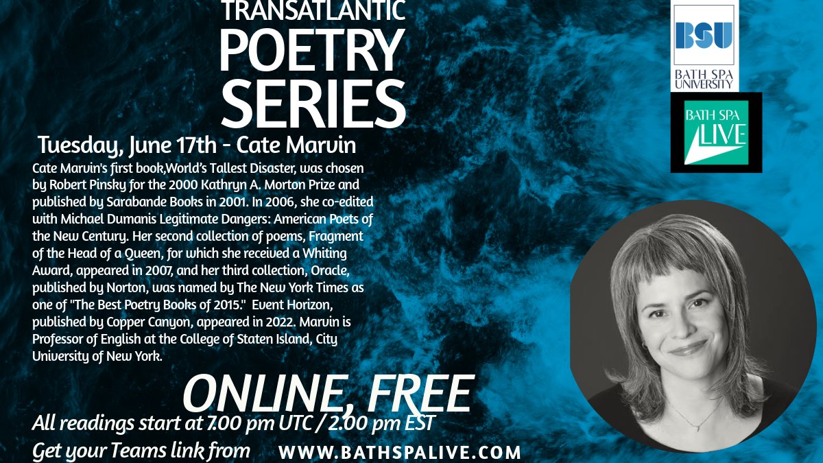 The eighth and final event of the transatlantic poetry series is a reading by the outstanding Cate Marvin, a week today. Here is the link to book: 

ticketsource.co.uk/bathspalive/t-…