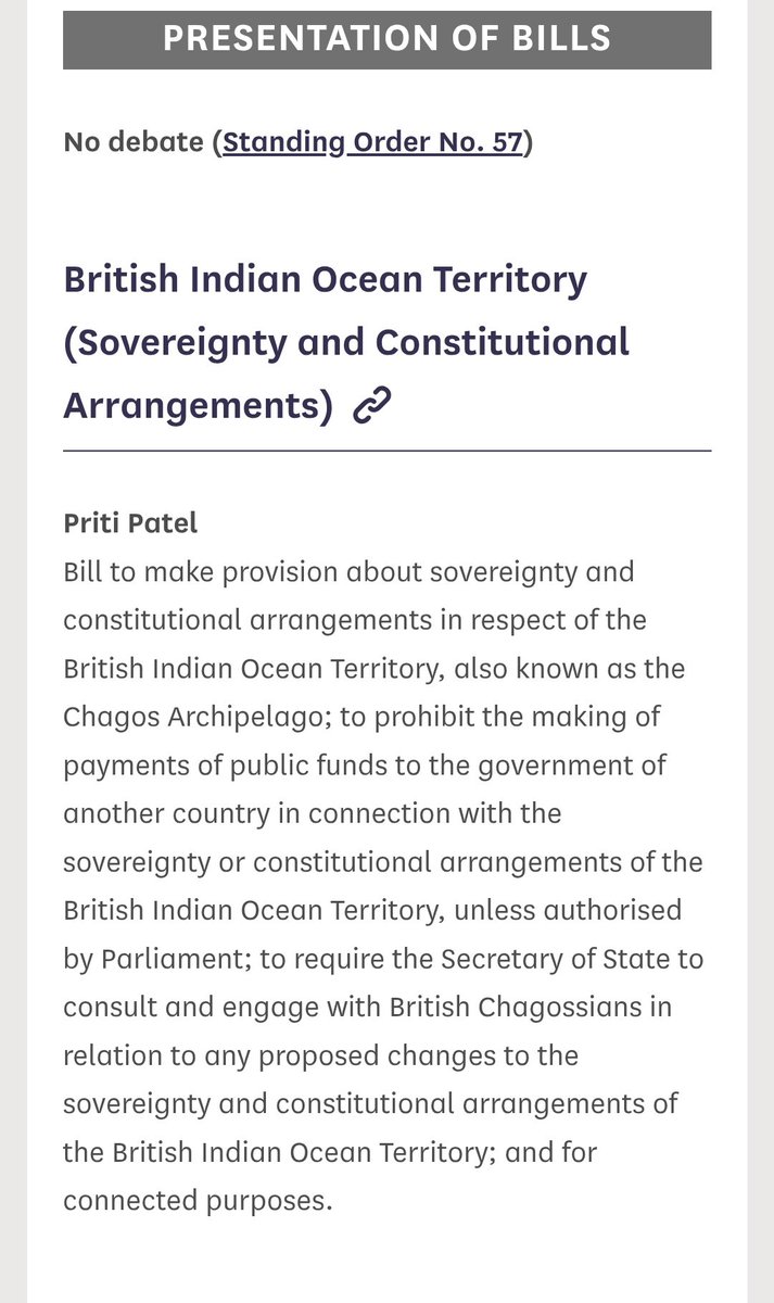 HelenGrantMP's tweet image. I have put my name to the Bill being presented in Parliament today by @PritiPatel, to defend 🇬🇧 sovereignty of the #ChagosIslands. It has my unequivocal support, promoting the rights of British Chagossians betrayed by Labour.
MPs can still stop Labour's Chagos Surrender Deal.
