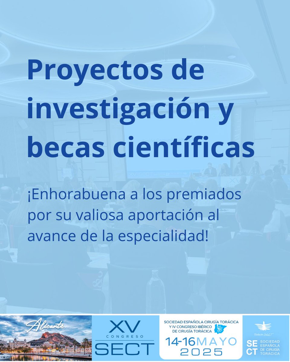 🟦 Proyectos de investigación y becas científicas

📢 En el marco del XV Congreso de la SECT, se han otorgado varias becas a proyectos innovadores que impulsan la investigación en cirugía torácica. 

¡Enhorabuena a los premiados por su valiosa aportación al avance de la