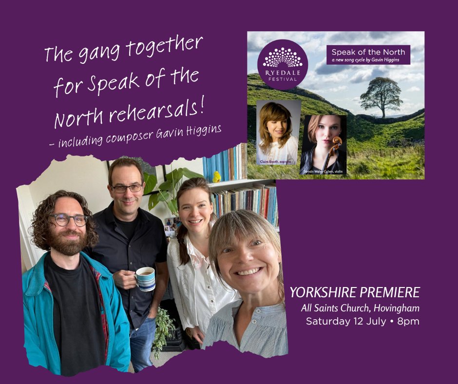 These four got together on Friday to continue bringing to life Gavin Higgins' new song cycle for soprano, violin and piano, 𝘚𝘱𝘦𝘢𝘬 𝘰𝘧 𝘵𝘩𝘦 𝘕𝘰𝘳𝘵𝘩 - which will receive its first performance in Aldeburgh next Monday and its second up here in Yorkshire in July!

1/5