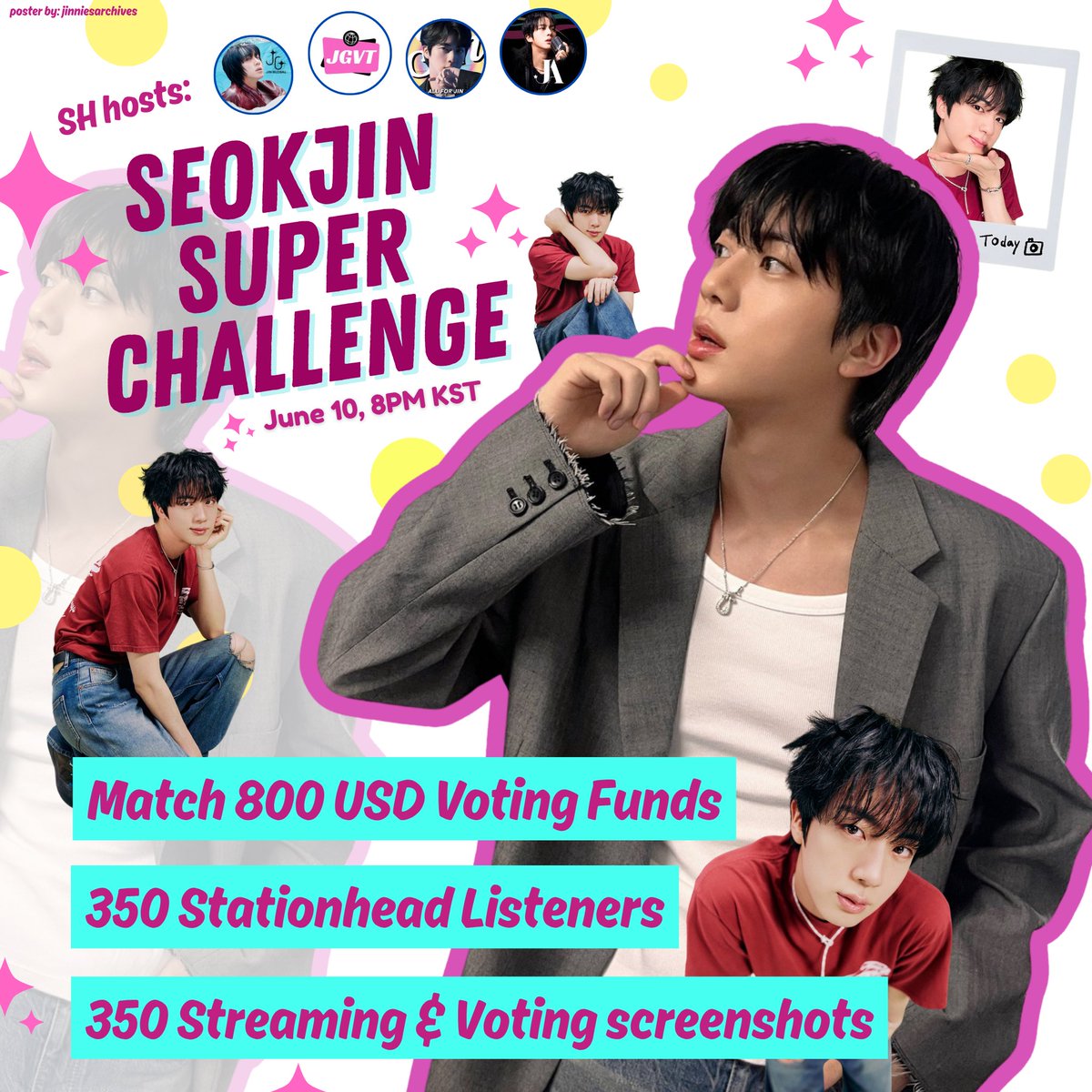 Challenge starts NOW! Stream and Vote with us! 

🟡 Donate a total of $800 to match Voting Funds (jaksjfund.my.canva.site)

🔵 350 listeners on SH w/ <a href="/SeokjinGlobal/">JIN GLOBAL</a> <a href="/jinnieslamp/">All for Jin</a> <a href="/JinGlobalVoting/">JIN GLOBAL VOTING TEAM</a> 

🟣 Drop 350 streaming &amp; voting SS under JA post.

JOIN: stationhead.com/jinniesarchive…