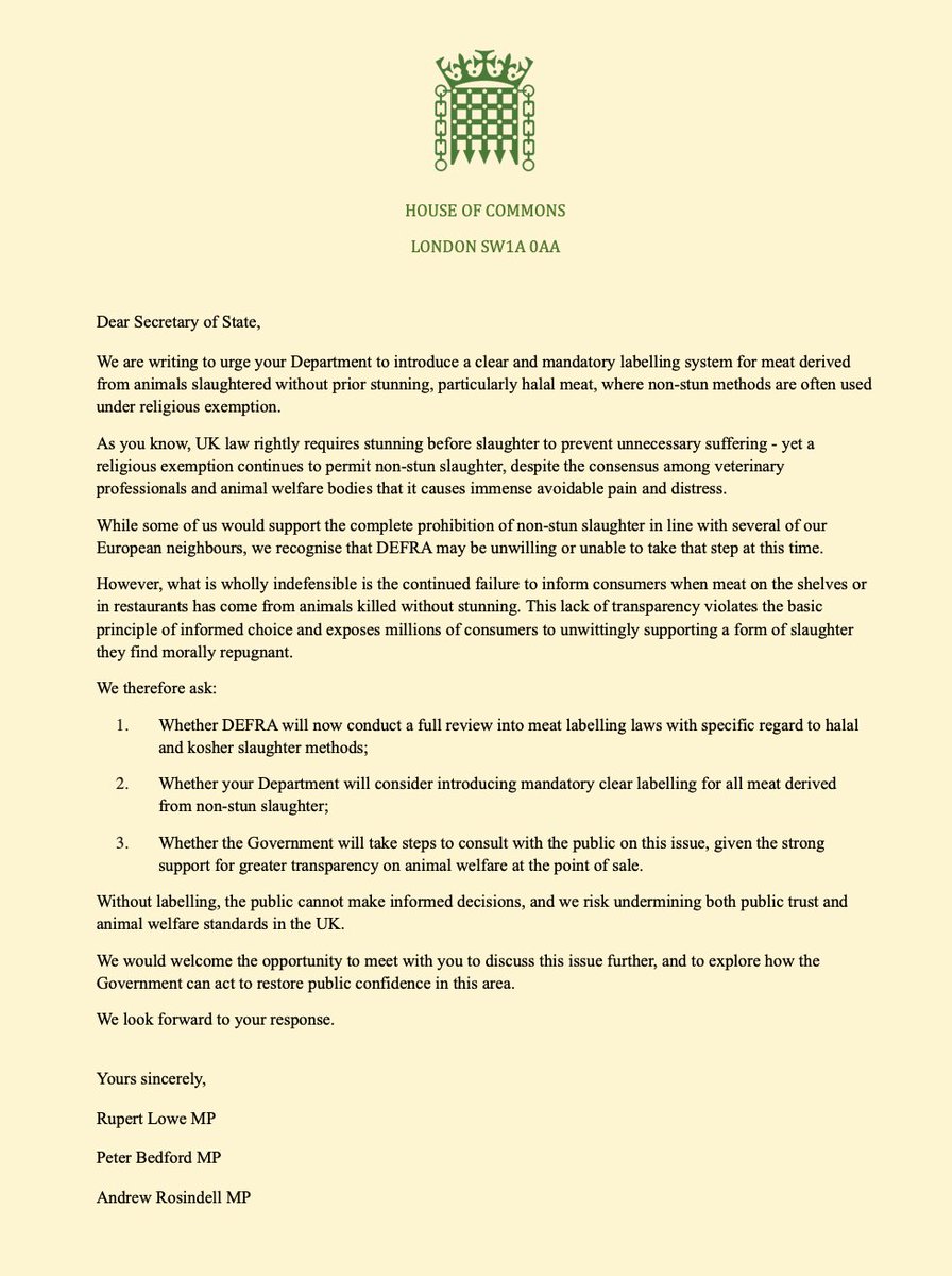 Rupert Lowe MP (@rupertlowe10) on Twitter photo We are all eating halal meat without even knowing it.
<a href="/PeterABedford/">Peter Bedford MP</a> MP, <a href="/AndrewRosindell/">Andrew Rosindell MP 🇬🇧🏴</a> MP and I have written to the DEFRA Minister, urging a full review of meat labelling laws and the introduction of mandatory, clear labelling for all meat derived from non-stun slaughter. We are all eating halal meat without even knowing it.
<a href="/PeterABedford/">Peter Bedford MP</a> MP, <a href="/AndrewRosindell/">Andrew Rosindell MP 🇬🇧🏴</a> MP and I have written to the DEFRA Minister, urging a full review of meat labelling laws and the introduction of mandatory, clear labelling for all meat derived from non-stun slaughter.