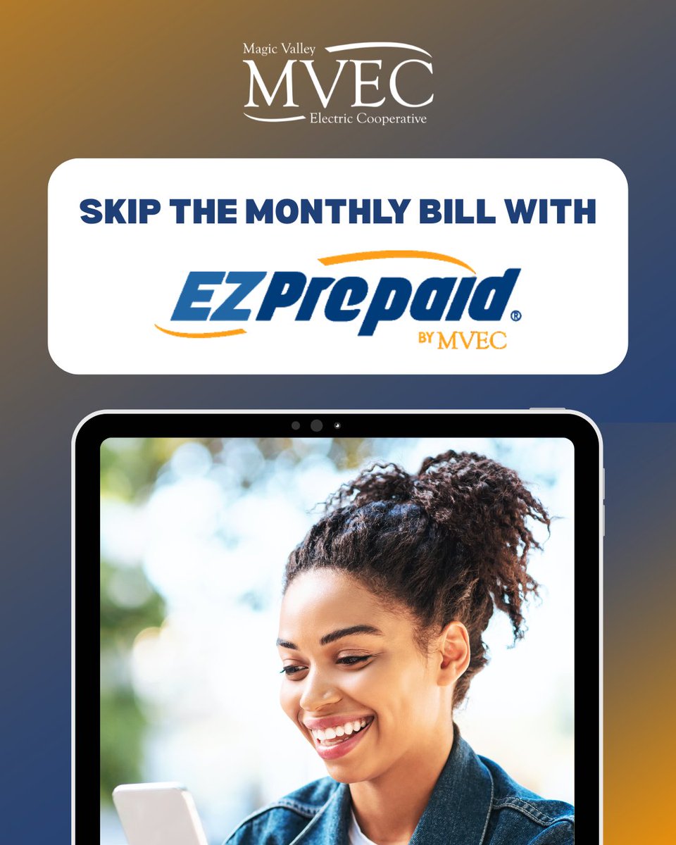 MagicValleyEC's tweet image. Take control of your energy costs with EZ Prepaid ! Pay as you go, monitor your usage, and skip the monthly bill.  🔌✨ #MVEC #EZPrepaid 

For more information about EZPrepaid, please visit magicvalley.coop