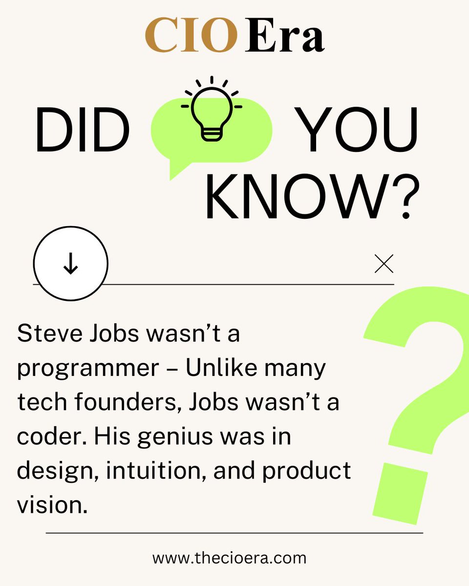 thecioera's tweet image. Steve Jobs wasn’t a coder—but that didn’t stop him from reshaping the tech world. His strength lay in design thinking, intuition, and building revolutionary products people didn’t even know they needed. 

#SteveJobs #TechVisionary #NotACoder #InnovationLeader #AppleMagic #dyk