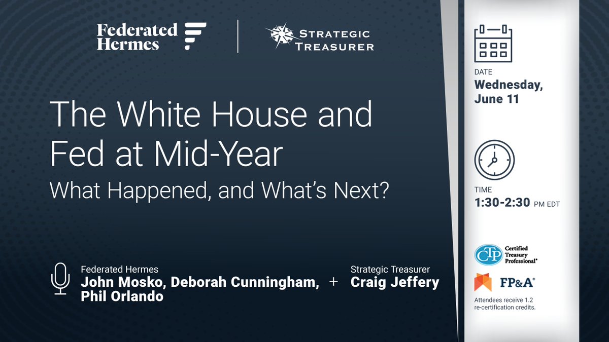 📊 How’s the US economy faring under the new administration?

Join Strategic Treasurer &amp; Federated Hermes TOMORROW for a mid-year review + outlook for 2025–26.
Fed policy, economic trends, &amp; what's next.

📅 Don’t miss it!
🔗 Register: strategictreasurer.com/webinar-the-wh…